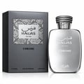 RASASI Hawas Chrome For Him by Rasasi 100ml EDP — Silver bottle and grey textured box with snake skin pattern detail, both displaying the product name and 'For Him' text.