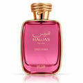 RASASI Hawas Dreams by Rasasi 100ml EDP — Pink textured box and a pink glass perfume bottle with a gold textured cap, set against a white background.