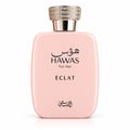 RASASI Hawas Eclat by Rasasi 100ml EDP — Pink perfume box and bottle with Arabic script and 'For Her' text, featuring a textured pattern on the box and a crystal-embellished cap on the bottle.
