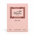 RASASI Hawas Eclat by Rasasi 100ml EDP — Pink perfume box and bottle with Arabic script and 'For Her' text, featuring a textured pattern on the box and a crystal-embellished cap on the bottle.
