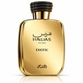 RASASI Hawas Exotic by Rasasi 100ml EDP — Gold perfume bottle with textured black cap next to a matching gold box, both featuring the Hawas Exotic logo and Arabic script.