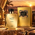 RASASI Hawas Exotic by Rasasi 100ml EDP — Gold perfume bottle with textured black cap next to a matching gold box, both featuring the Hawas Exotic logo and Arabic script.