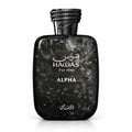 RASASI Hawas For Him Alpha by Rasasi 100ml EDP — A dark, textured bottle of Rasasi Hawas For Him Alpha Eau de Parfum stands next to its matching black textured box, both featuring white Arabic and English text.