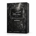 RASASI Hawas For Him Alpha by Rasasi 100ml EDP — A dark, textured bottle of Rasasi Hawas For Him Alpha Eau de Parfum stands next to its matching black textured box, both featuring white Arabic and English text.
