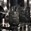 RASASI Hawas For Him Alpha by Rasasi 100ml EDP — A dark, textured bottle of Rasasi Hawas For Him Alpha Eau de Parfum stands next to its matching black textured box, both featuring white Arabic and English text.