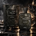 RASASI Hawas For Him Alpha by Rasasi 100ml EDP — A dark, textured bottle of Rasasi Hawas For Him Alpha Eau de Parfum stands next to its matching black textured box, both featuring white Arabic and English text.