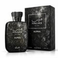 RASASI Hawas For Him Alpha by Rasasi 100ml EDP — A dark, textured bottle of Rasasi Hawas For Him Alpha Eau de Parfum stands next to its matching black textured box, both featuring white Arabic and English text.