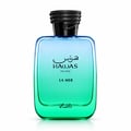 RASASI Hawas For Him La Mer — Teal textured box and gradient blue-green glass bottle with black textured cap, set against a white background.