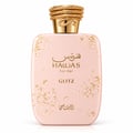 RASASI Hawas Glitz by Rasasi 100ml EDP — Pink perfume bottle with gold glitter accents and a textured gold cap, next to its matching pink box with a mosaic pattern.
