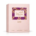 RASASI Hawas Glitz by Rasasi 100ml EDP — Pink perfume bottle with gold glitter accents and a textured gold cap, next to its matching pink box with a mosaic pattern.