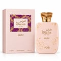 RASASI Hawas Glitz by Rasasi 100ml EDP — Pink perfume bottle with gold glitter accents and a textured gold cap, next to its matching pink box with a mosaic pattern.