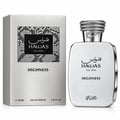 RASASI Hawas Highness by Rasasi 100ml EDP — Silver box with intricate black pattern and text, next to a silver bottle with a textured silver cap and matching text.