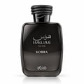 RASASI Hawas Kobra by Rasasi 100ml EDP — Black perfume box and bottle with snake-like cap, silver mosaic detail on box, white text.
