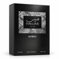 RASASI Hawas Kobra by Rasasi 100ml EDP — Black perfume box and bottle with snake-like cap, silver mosaic detail on box, white text.