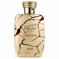 RASASI Hawas Lava Gold 100ml EDP — Gold textured box with red and gold patterned label next to a gold cracked glass perfume bottle with a coiled gold cap.