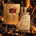 RASASI Hawas Lava Gold 100ml EDP — Gold textured box with red and gold patterned label next to a gold cracked glass perfume bottle with a coiled gold cap.