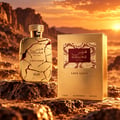 RASASI Hawas Lava Gold 100ml EDP — Gold textured box with red and gold patterned label next to a gold cracked glass perfume bottle with a coiled gold cap.