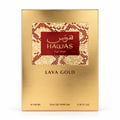 RASASI Hawas Lava Gold 100ml EDP — Gold textured box with red and gold patterned label next to a gold cracked glass perfume bottle with a coiled gold cap.