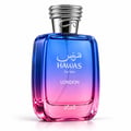 RASASI Hawas London by Rasasi — Blue and pink gradient glass perfume bottle with a silver snake-like cap, next to its blue and orange box featuring London skyline sketch and snake pattern.