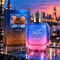 RASASI Hawas London by Rasasi — Blue and pink gradient glass perfume bottle with a silver snake-like cap, next to its blue and orange box featuring London skyline sketch and snake pattern.