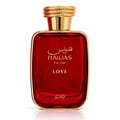 RASASI Hawas Love For Her by Rasasi 100ml EDP — Red perfume bottle with gold accents and matching red box with gold patterned detail, displayed together on a white background.