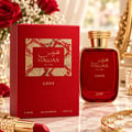 RASASI Hawas Love For Her by Rasasi 100ml EDP — Red perfume bottle with gold accents and matching red box with gold patterned detail, displayed together on a white background.
