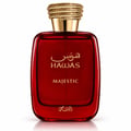 RASASI Hawas Majestic by Rasasi 100ml EDP — Red glass perfume bottle with gold textured cap, next to a black and red textured box with gold text and snake skin pattern.