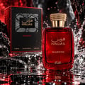 RASASI Hawas Majestic by Rasasi 100ml EDP — Red glass perfume bottle with gold textured cap, next to a black and red textured box with gold text and snake skin pattern.