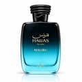 RASASI Hawas Malibu by Rasasi 100ml EDP — Teal textured box with snake skin pattern and gold text next to a gradient blue glass perfume bottle with a coiled snake cap.