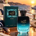 RASASI Hawas Malibu by Rasasi 100ml EDP — Teal textured box with snake skin pattern and gold text next to a gradient blue glass perfume bottle with a coiled snake cap.