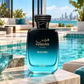 RASASI Hawas Malibu by Rasasi 100ml EDP — Teal textured box with snake skin pattern and gold text next to a gradient blue glass perfume bottle with a coiled snake cap.