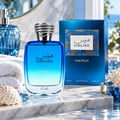 RASASI Hawas Nautilus by Rasasi 100ml EDP — Blue gradient glass perfume bottle with silver textured cap next to a matching blue box with a snake-skin pattern detail