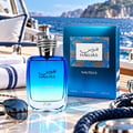 RASASI Hawas Nautilus by Rasasi 100ml EDP — Blue gradient glass perfume bottle with silver textured cap next to a matching blue box with a snake-skin pattern detail