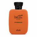 RASASI Hawas Overdose by Rasasi 100ml EDP — Orange perfume bottle with black textured cap next to its black and orange patterned box, both featuring the Hawas logo and text.