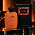 RASASI Hawas Overdose by Rasasi 100ml EDP — Orange perfume bottle with black textured cap next to its black and orange patterned box, both featuring the Hawas logo and text.