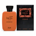 RASASI Hawas Overdose by Rasasi 100ml EDP — Orange perfume bottle with black textured cap next to its black and orange patterned box, both featuring the Hawas logo and text.