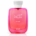 RASASI Hawas Pink by Rasasi 100ml EDP — Pink metallic box with snake print detail next to a pink glass perfume bottle with white braided cap.