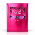 RASASI Hawas Pink by Rasasi 100ml EDP — Pink metallic box with snake print detail next to a pink glass perfume bottle with white braided cap.