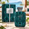 RASASI Hawas Private Luceo by Rasasi 100ml EDP — Teal snakeskin patterned bottle and matching box with silver snake-like cap detail