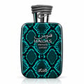 RASASI Hawas Private Luceo by Rasasi 100ml EDP — Teal snakeskin patterned bottle and matching box with silver snake-like cap detail