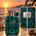 RASASI Hawas Private Luceo by Rasasi 100ml EDP — Teal snakeskin patterned bottle and matching box with silver snake-like cap detail