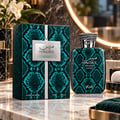 RASASI Hawas Private Luceo by Rasasi 100ml EDP — Teal snakeskin patterned bottle and matching box with silver snake-like cap detail