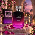 RASASI Hawas Reina by Rasasi 100ml EDP — Black and purple gradient box with intricate mosaic pattern, next to a clear glass perfume bottle with a gradient purple to black liquid and a textured silver cap.