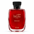RASASI Hawas Rouge by Rasasi 100ml EDP — Red perfume bottle and matching red box with snake-skin pattern detail, presented on a white background.