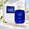 RASASI Hawas Sapphire FB Fragrances Edition by Rasasi 100ml EDP — Blue glass perfume bottle with white textured cap next to its white box, both featuring blue and gold accents.