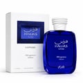 RASASI Hawas Sapphire FB Fragrances Edition by Rasasi 100ml EDP — Blue glass perfume bottle with white textured cap next to its white box, both featuring blue and gold accents.