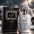 RASASI Hawas Thunder by Rasasi 100ml EDP — White bottle with black lightning bolt design and Arabic script, silver snake-wrapped cap.