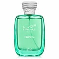 RASASI Hawas Tropical by Rasasi 100ml EDP — Green snake-skin patterned box next to a clear green glass bottle with a white textured cap, showing "Hawas Tropical for Him" text.