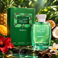 RASASI Hawas Tropical by Rasasi 100ml EDP — Green snake-skin patterned box next to a clear green glass bottle with a white textured cap, showing "Hawas Tropical for Him" text.