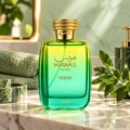 RASASI Hawas Verde by Rasasi 100ml EDP — Green box with gold accents next to a gradient green and yellow glass perfume bottle with a gold textured cap.